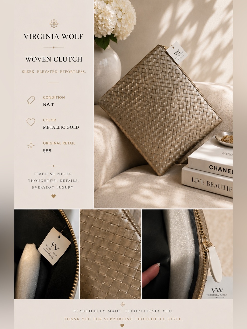 Virginia Wolf Metallic Gold Woven Clutch
